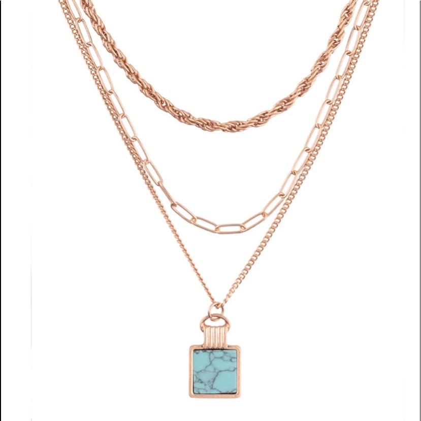 Turquoise Natural Stone Square Pendant Charm 3 Layered Necklace Set - Matte Gold